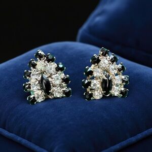 Vintage Art Deco Black Glass Rhinestone Clip On Earrings Silver Tone